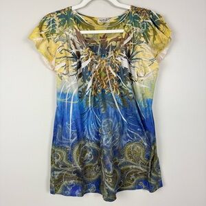 One World Top Womens Medium Sequins Ruffle Sleeve Blue Green Shirt Boho Paisley